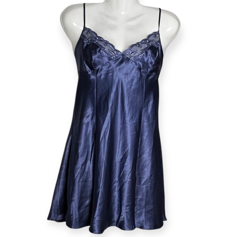 Vintage 90's Victoria's Secret‎ Silky Teddy Lingerie Dress Navy Blue Lacy Night